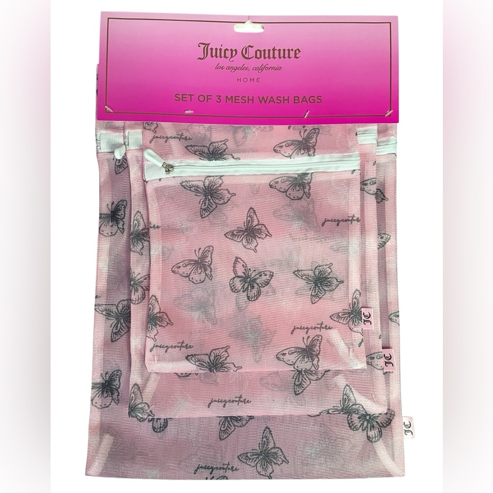Juicy Couture Home Mesh Wash Bags 3-ct Laundry Storage Pink Butterflies NEW NWT